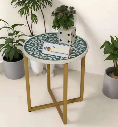 Emerald Leaf Bone Inlay Round Side Table