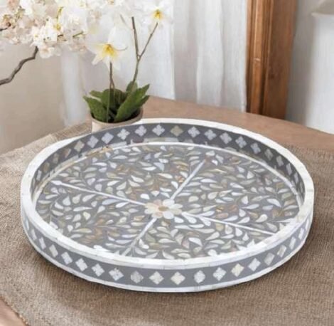 Grey Floral Bone Inlay Round Tray