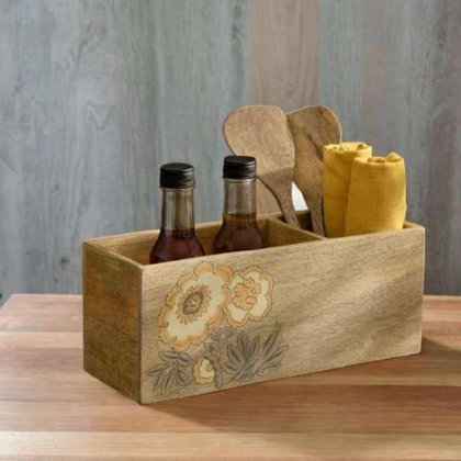 Floral Wooden Cutlery & Condiment Holder