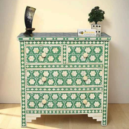 Emerald Floral Bone Inlay Chest of Drawers