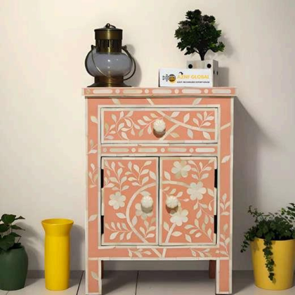 Peach Floral Bone Inlay Bedside Cabinet