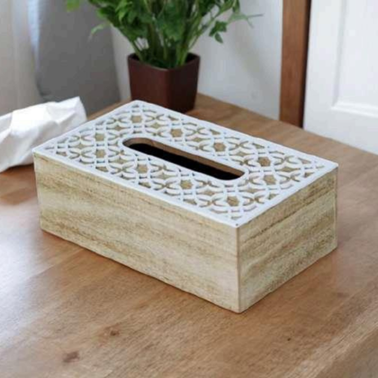 Ivory Lattice Wooden Tissue Box Holder