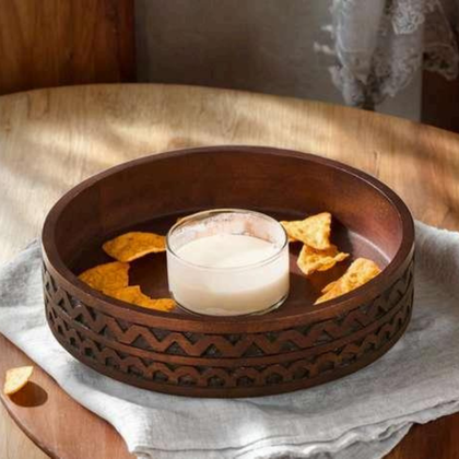 Rustic Carved Wooden Round Tray