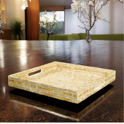 Rivaay Decor, mosaic tray, golden tray, square serving tray, handcrafted tray, artisan serveware, luxury tray, decorative tray, festive serveware, wooden mosaic tray