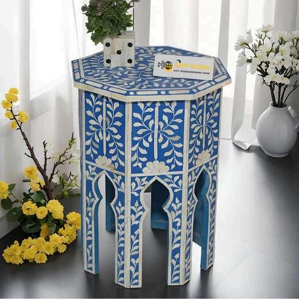 Royal Blue Floral Bone Inlay Side Table