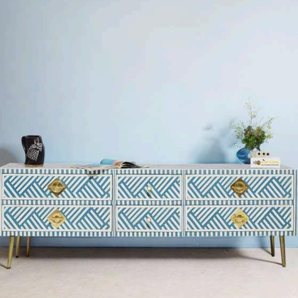Blue Geometric Bone Inlay Chest of Drawers