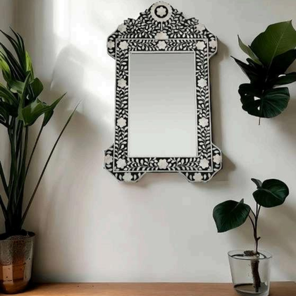 Black & White Floral Bone Inlay Wall Mirror Black & White Floral Bone Inlay Wall Mirror