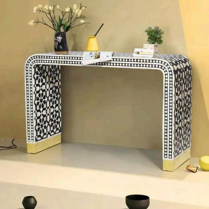 Black & White Geometric Bone Inlay Console Table Black & White Geometric Bone Inlay Console Table