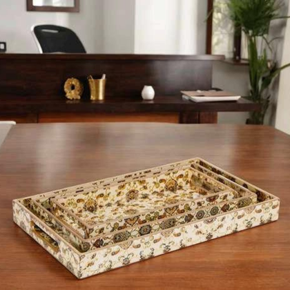 Rivaay Decor Handcrafted Wooden Serving Tray Set with Floral Design (Set of 3)
