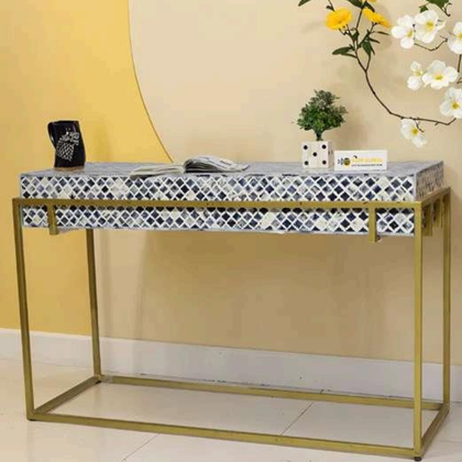 Rivaay Decor Handcrafted Bone Inlay Console Table with Brass Base