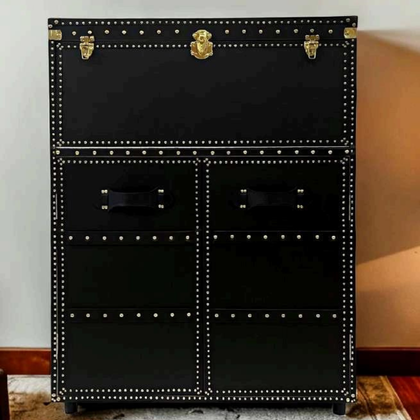 Black Trunk Style Storage Cabinet with Brass Detailing