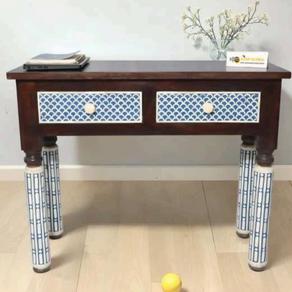 Wooden Console Table with Blue Inlay Drawers and Legs