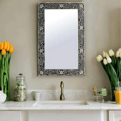 Black Floral Bone Inlay Rectangular Wall Mirror