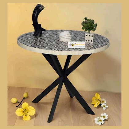Round Bone Inlay Accent Table with Black Crossed Legs