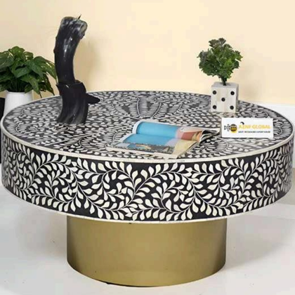 Round Bone Inlay Coffee Table with Brass Base