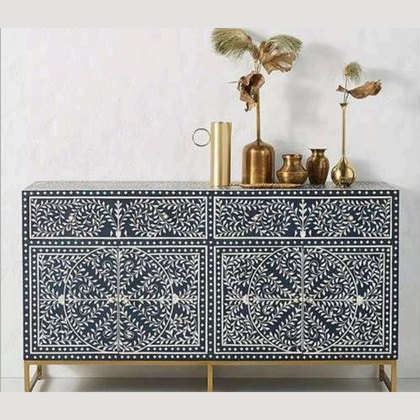 Navy Blue Bone Inlay Sideboard with Brass Base