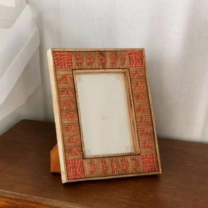 Handcrafted Wooden Photo Frame with Red Carved Detailing