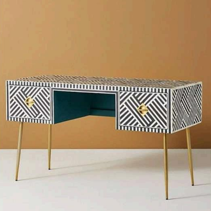 Geometric Bone Inlay Writing Desk with Brass Legs