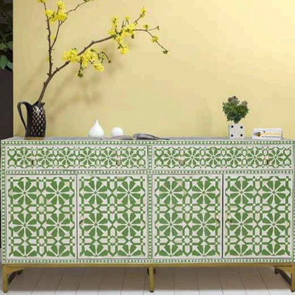 Green Geometric Bone Inlay Sideboard Cabinet