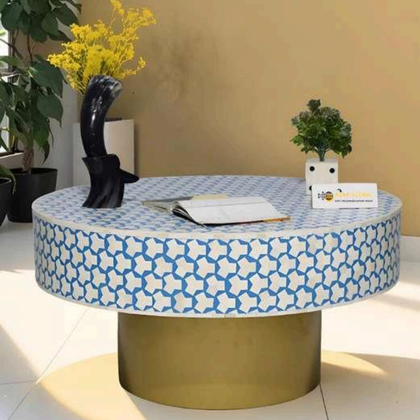 Blue Geometric Bone Inlay Round Coffee Table with Brass Base